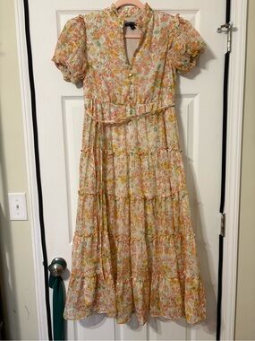 Floral Tiered Midi Dress in Peach and Cream